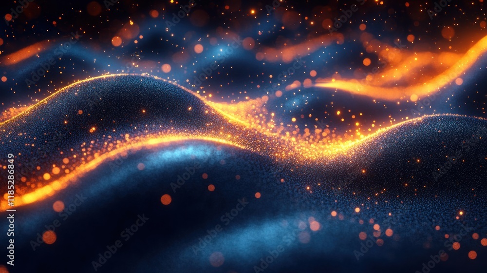 Poster digital abstract background with fluid waves and glowing particles for technology and education