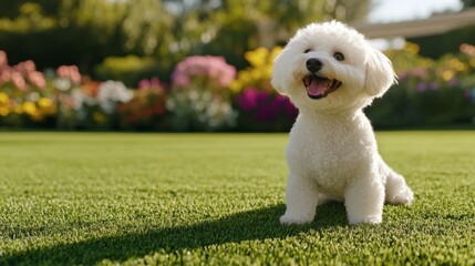 Joyful Bichon Frise in Garden: A fluffy white Bichon Frise sits happily in a vibrant garden, its joyful expression and playful demeanor captured in a heartwarming image.