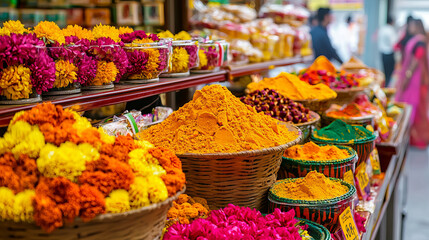 Fototapeta premium Close-Up of Vibrant Colors and Flowers at Indian Holi Festival. Concept of Cultural Celebrations and Traditional Festivities