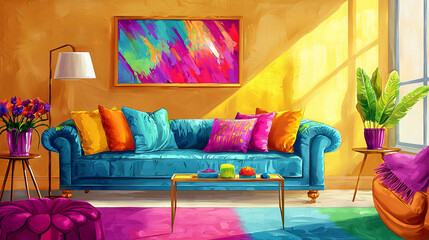 Vibrant Living Room with Colorful Sofa and Abstract Art. Concept of Modern Interior Design, Home Decor Trends