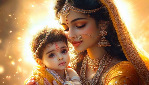 Mother and Child in Classical Indian Art, Yashoda Maa and Bal Krishna, Serene, Vibrant Colors
