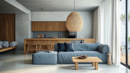 Modern minimalist living room, open concept, blue sofa, wooden kitchen cabinets, large windows, natural light, pendant light, concrete ceiling, floating shelves, neutral color palette, Scandinavian de