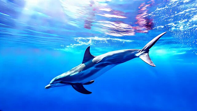 Dolphins in the deep blue ocean, swimming underwater, marine life, beautiful sea marine mammal,Surfing,video