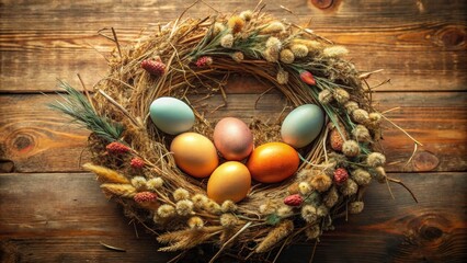 Rustic Easter Wreath with Dried Grasses and Natural-Colored Eggs for Cozy Spring Decor