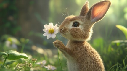 Fototapeta premium Adorable Fluffy Bunny Sniffing a Wildflower in a Sunny Meadow