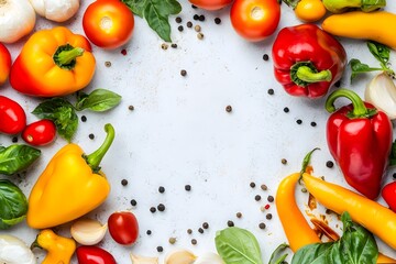 Fresh and Colorful Arrangement of Vegetables Including Bell Peppers, Tomatoes, Garlic, Basil, and Spices Set Against a Light Background for Culinary Projects