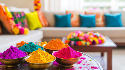 Colorful Holi Festival Powder in Modern Living Room. Concept of Indian Culture, Festive Celebration, Home Decor