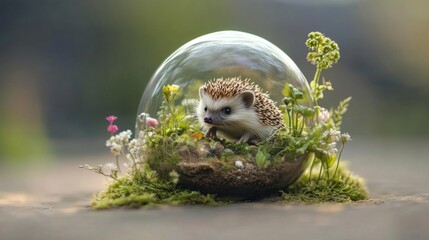 Obraz premium Adorable Hedgehog in a Miniature Glass Garden