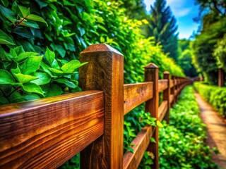 Obraz premium Rustic wooden fence detail, showcasing wood grain and vibrant spring/summer plant life in a close-up nature scene.