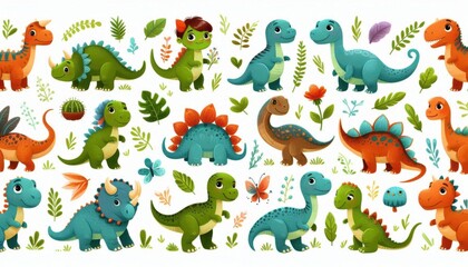 Collection of cute cartoon dinosaurs and prehistoric plants. White background,