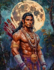Obraz premium Mythical Warrior Hanuman Moonlit Celebration Art