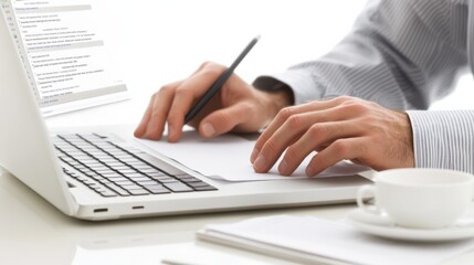 Focused on the Task: A close-up shot of a businessman's hands working diligently on a laptop, pen in hand, and a cup of coffee nearby, highlighting the focus and dedication required for success. 