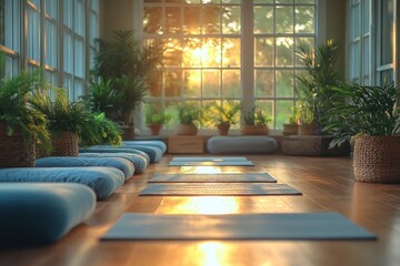 group meditation and breathing exercises in a peaceful yoga studio with diverse practitioners practicing mindfulness