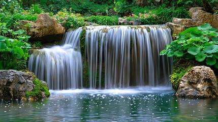 Naklejka premium Serene Himalayan Waterfall Cascading Amidst Lush Greenery and Blossoming Flowers. Concept of Natural Beauty, Tranquility, and Scenic Landscapes