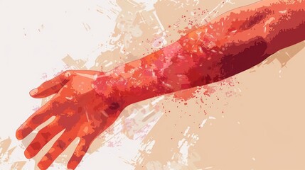 Minimalist vector art depicting a close-up view of a male arm suffering from hives (urticaria), with red, swollen patches and a textured, irritated skin surface, illustrating symptoms of a severe alle