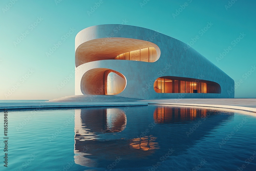 Poster futuristic minimal architecture white building with blue sky reflection and empty space for design m