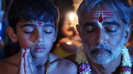 Obraz premium Father and Son with Traditional Markings Observing Maha Shivaratri Ritual. Concept of Spiritual Bond, Religious Observance