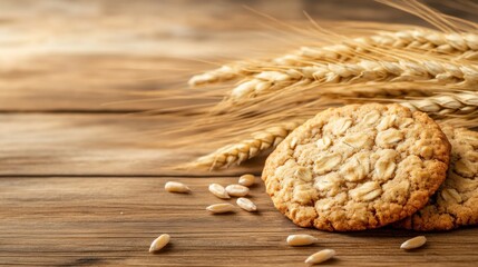 Oatmeal Cookies with Wheat: Delicious homemade oatmeal cookies rest on a rustic wooden table next to a bundle of golden wheat, evoking feelings of warmth, comfort, and home-baked goodness.
