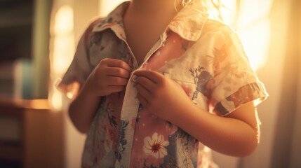 Obraz premium Golden Hour Dressing: A young child's delicate fingers meticulously button up their colorful shirt, bathed in the warm, golden light of the setting sun, creating a tender and intimate moment.
