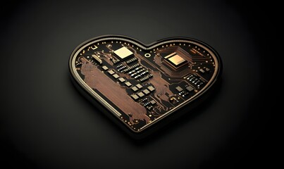 Heart-shaped circuit board on dark background.
