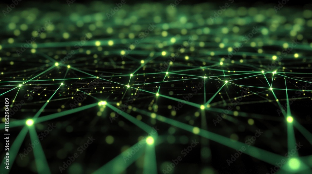 Poster abstract network visualization green nodes and connections digital technology data flow illustration