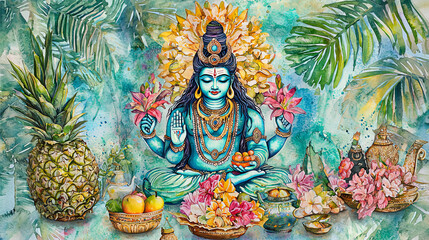 Fototapeta premium Maha Shivaratri Watercolor Illustration of Hindu Deity Shiva Surrounded by Tropical Fruits and Flowers, Concept of Spirituality and Cultural Celebration