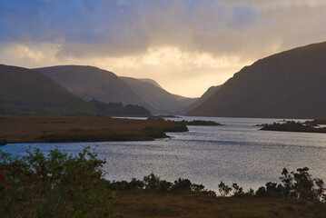 Glenveagh National Park in Donegal Ireland -Spectacular aerial view showcasing lush green valleys...