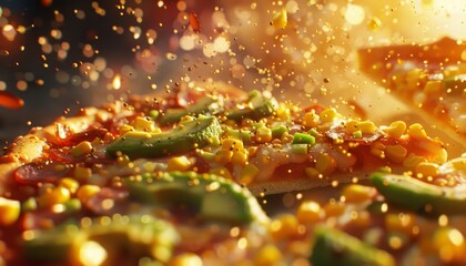 Close up of a delicious pizza with avocado, corn, and pepperoni. The pizza is being tossed in the air with a burst of light and pepper flakes.