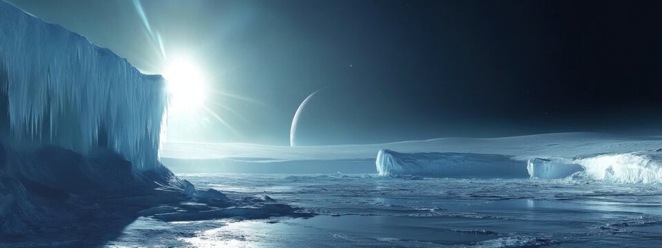 An extraordinary shot of a high-altitude ice shelf with shimmering, translucent ice columns and a rare, bright planetary conjunction forming a celestial arc over the icy landscape