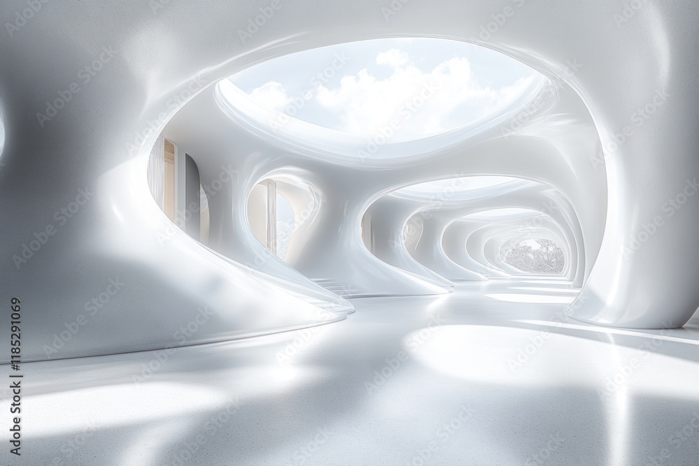 Poster futuristic white minimalist architectural design with smooth curves and bright illumination for empt