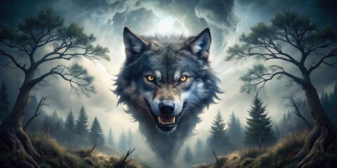Snarling Werewolf in Dark Forest - Captivating Double Exposure Photography of Mythical Creature in Eerie Atmosphere