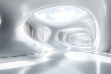 Futuristic White Minimalist Architectural Design with Smooth Curves and Bright Illumination for Empty Space and Mock Up