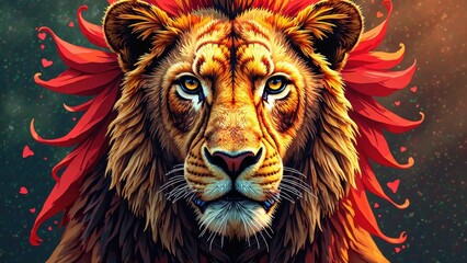 Fototapeta premium A majestic close-up of a lion's regal face, set against a mysterious dark green backdrop with twinkling stars, surrounded by two vibrant red hearts beating for this king of beasts