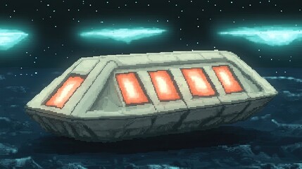 Pixel Art Spaceship Landing on Dark Planet