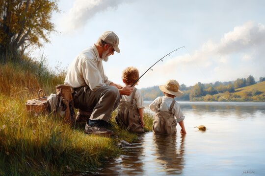 Caucasian elderly male and two young children fishing by a lakeside on a sunny day