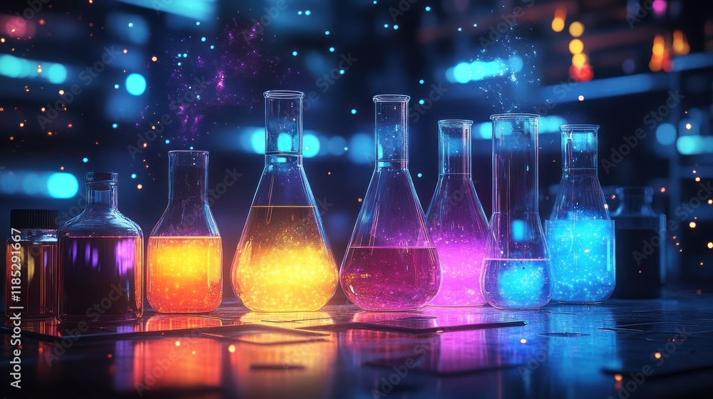 Aufkleber glowing colorful liquids in beakers and flasks on a lab table.