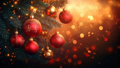 Fototapeta premium Christmas Ornament Scene with Red and Gold Baubles on Pine Branches in Warm Light