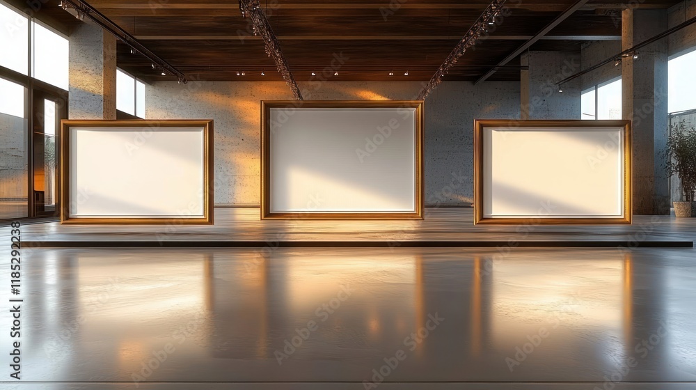 Aufkleber minimalist exhibition space featuring three empty frames with soft ambient lighting in modern archit