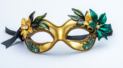 Elegant Golden and Green Carnival Mask with Floral Decorations for Mardi Gras Celebrations, Concept of Festive Traditions, Luxury Costume Accessories
