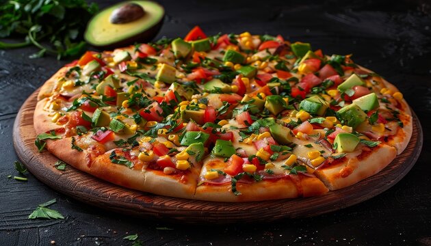 Delicious pizza with avocado, corn, tomatoes, and cheese on a wooden board. - Powered by Adobe