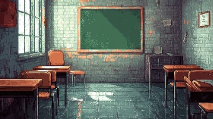 Deserted Classroom With Chalkboard And Wooden Desks