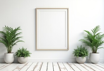 Serene White Patio with Wooden Deck, Potted Plants, and Blank Frame Mockup Ideal for Art Display