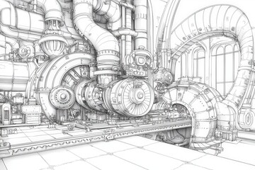 Intricate black and white technical drawing of industrial machinery
