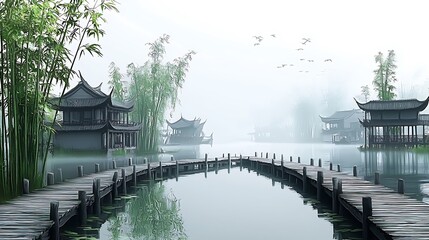 Fototapeta premium Serene Wooden Bridge Leading to Misty Chinese Pavilions and Bamboo Forest.