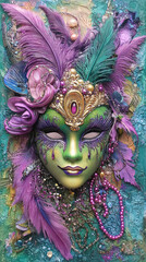 Detailed Carnival Mask in Green and Purple with Feathers and Beads, Embracing Mardi Gras Spirit. Concept of Festive Celebration, Cultural Tradition