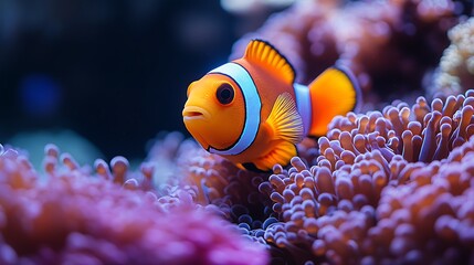 Vibrant orange clownfish swimming amidst purple sea anemones in a coral reef.