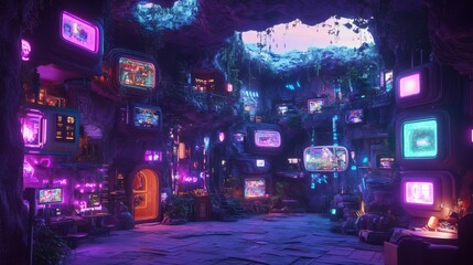 Surreal Pixel Art Cyberpunk Forest with Glowing Screens