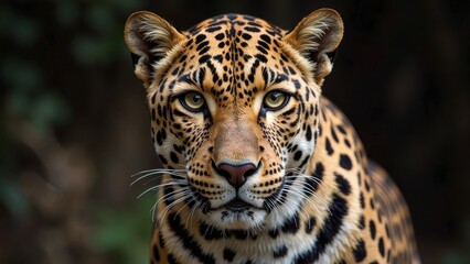 Fototapeta premium A piercing gaze from a majestic leopard's face, set against a dark backdrop, with eyes locked intensely onto the viewer