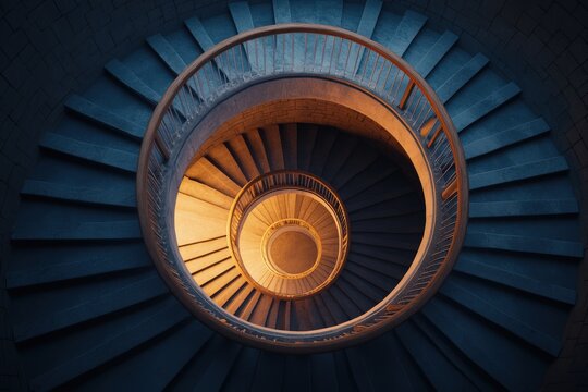 Illuminated spiral staircase in moody lighting from overhead perspective
