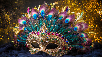 Glamorous Carnival Mask with Luxurious Feathers and Jewels. Concept of Festive Celebration, Mardi Gras, and Elegant Costume